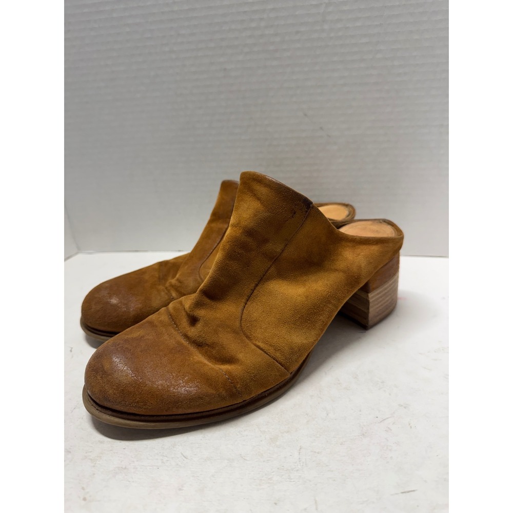 AS 98 Suede Leather Mules Cognac Brown Block Heel Round Toe Slip On Size 38 7.5